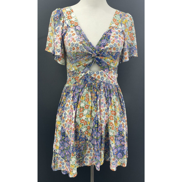 Angie Womens L Floral Smocked Peakaboo Cutout Babydoll Dress Boho Garden Fairy - Picture 3 of 9